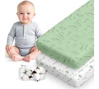 Dreamzie Juego de 2 Sabana Bajera Cuna 40x90 Algodon - Ajustables, Oeko Tex Certificado - para Cuna Colecho, Capazao y Minicuna - Dinosaurios Blanco/Verde Salvia