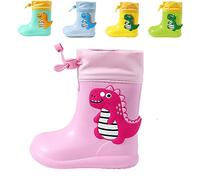 DRECAGE Botas de Agua para Niños y Niñas con Cordón ajustable en el Cuello Botas de lluvia Caucho Goma de Dinosaurio Impermeable Rosa 22/23 EU 150 MM