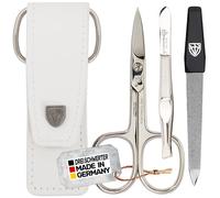 DREI SCHWERTER - Juego de manicura y pedicura de 3 piezas en estuche de piel auténtica, color blanco. Fabricado en Alemania. Contenido: tijeras de uñas, pinzas, lima de uñas de zafiro