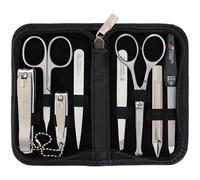 DREI SCHWERTER - Set de manicura para hombre de 8 piezas | Set de cuidado de uñas premium en estuche de piel auténtica. Color: Negro | Contenido: juego de uñas, 8 instrumentos incluye tijeras para