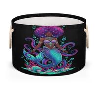 Drekrid Canastas de almacenamiento grandes - Afro Mermaid Queen - Caja organizadora redonda con asas, cesta plegable para ropa sucia para juguetes de niños, manta, dormitorio, sala de estar