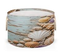 Drekrid Canastas de almacenamiento redondas grandes - Tablero de madera de conchas marinas plegables para guardería, cesta organizadora para ropa sucia para juguetes de niños, manta, dormitorio, sala