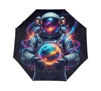 Drekrid Paraguas de viaje para lluvia, diseño de astronauta, a prueba de viento, pequeño, compacto, automático, plegable, para mujeres y niños, con cierre automático, bonito paraguas para viajes