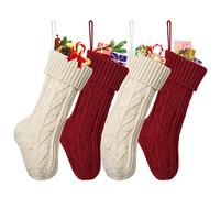 Dremisland 4 Piezas Medias de Navidad Grande Punto Calcetines de Navidad Rústicos Personalizados Calcetín Colgante Bolsa de Regalo para Decoración del Árbol Adorno Navidad, Crema y Burdeos, 38cm