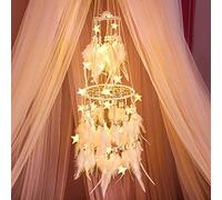 Dremisland Boho Atrapasueños - Double Circle Blanco Plumas Hecha a Mano Dream Catcher con Móviles Luces de Hadas LED Colgar en la Pared Decoración del Hogar Adorno Festival Artesanía Regalo (Blanco)