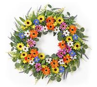 Dremisland Coronas de primavera para puerta delantera, corona de puerta de primavera de 22 pulgadas, eucalipto artificial, margaritas coloridas, flores silvestres falsas, corona de lavanda para