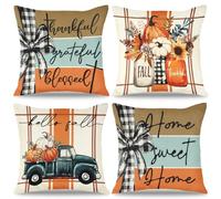 Dremisland Juego de 4 Fundas Cojines Otoño 45 x 45 cm Calabazas Naranja Decorativas Cuadradas Fundas de Almohada día de Gracias Halloween Holiday Almohada de Lino de la Cosecha Hogar Sala Estar Sofá