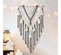 Dremisland Tapiz de Macramé Bohemio para Colgar en la Pared Tejido Geométrico Color Beige y Gris Hecho a Mano Arte Bohemio con Borlas Adorno para Dormitorio Sala de Estar Apartamento Guardería