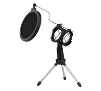 Dreokee Soporte de trípode para micrófono de escritorio, soporte de micrófono de escritorio con red de filtro pop para podcast, chat, reuniones, conferencias en vivo