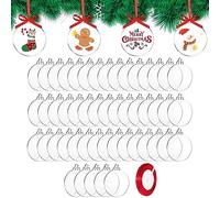 DRERIO 50 Piezas Adornos de Navidad de Acrílico Transparente con Cinta, Adornos Planos para Manualidades, Discos de Acrílico Transparente para Decoración del Árbol de Navidad, 7.6x7.6cm