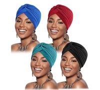 DRESHOW 4 Piezas Africano Turbante para Mujer Gorro de Nudo Pre Atado Suave Pañuelo de Cabeza Plisada de Moda Gorra de Dormi