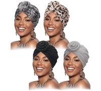 DRESHOW 4 Piezas Africano Turbante para Mujer Gorro de Nudo Pre Atado Suave Pañuelo de Cabeza Plisada de Moda Gorra de Dormi