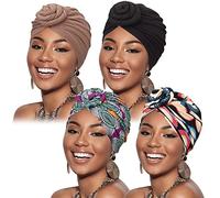 DRESHOW 4 Piezas Africano Turbante para Mujer Gorro de Nudo Pre Atado Suave Pañuelo de Cabeza Plisada de Moda Gorra de Dormi