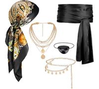 DRESHOW Accesorios Disfraz Pirata Mujeres Hombres Pañuelo para la Cabeza Collar Fajín Cinturón y Conjunto de Joyas Piratas para Halloween Cosplay y Fiestas