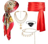 DRESHOW Accesorios Disfraz Pirata Mujeres Hombres Pañuelo para la Cabeza Collar Fajín Cinturón y Conjunto de Joyas Piratas para Halloween Cosplay y Fiestas