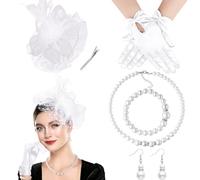 DRESHOW Fascinators Sombrero de Mujer Velo Malla Tea Party Sombreros Elegante Pluma Sombrero y Guantes Conjunto de Joyas de Perlas Cóctel Tocado para Mujer