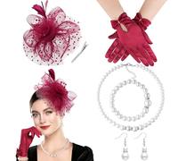DRESHOW Fascinators Sombrero de Mujer Velo Malla Tea Party Sombreros Elegante Pluma Sombrero y Guantes Conjunto de Joyas de Perlas Cóctel Tocado para Mujer