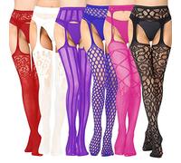 DRESHOW Medias de red para mujer Medias con tirantes Medias altas hasta el muslo