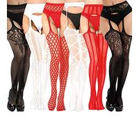 DRESHOW Medias de red para mujer Medias con tirantes Medias altas hasta el muslo