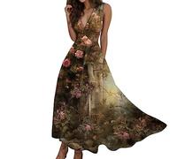 Dress for Women Midi Summer Dresses Casual Neck Swing Dot Ruffle Sleeveless A-Line Beach Sun(Brown,L)