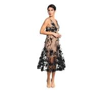Dress the Population Audrey Spaghetti Strap Midi A-Line 3D Floral Dress Vestido para ocasión Especial, Negro/Desnudo, XL para Mujer