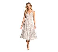 Dress the Population Elisa Sleeveless Plunge Neckline Fit and Flare Midi Dress Vestido, Blanco y Dorado, M Mujeres