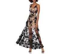 Dress the Population Embellished Plunging Gown Sleeveless Floral Long Dress Vestido, Sidney Negro/Nude, L para Mujer