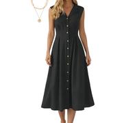 Dresses for Women Sleeveless Cotton Linen Maxi Shirt Dress with Lapel Collar and Button-Down Front for Office or Casual Wear (Black,M)