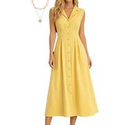 Dresses for Women Sleeveless Cotton Linen Maxi Shirt Dress with Lapel Collar and Button-Down Front for Office or Casual Wear (Yellow,S)