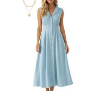 Dresses for Women Sleeveless Cotton Linen Maxi Shirt Dress with Lapel Collar and Button-Down Front for Office or Casual Wear (Light Blue,XXL)