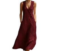 Dresses for Women V Neck Sleeveless Beach Sundress Button Casual Down Casual Beach Loose Dress (Red,XXL)