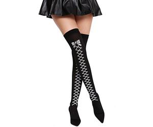 dressmeup Dress ME UP - BB-032-black Medias de Mujeres Overknees Halloween Carnaval Color Negro Estampado de Cordones Lazo