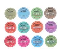 DRESSOOS 12 hojas de etiquetas adhesivas para pellets de parrilla ahumadora: Etiqueta redonda para cubo de almacenamiento de pellets de parrilla - adhesivas de clasificación de sabor para ahumadores