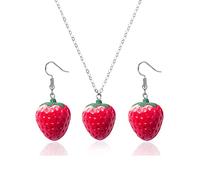 Dreuyet Juego de collar y aretes de fresa roja simulada en 3D para mujer, aretes de fruta dulce, collar con bonitos aretes colgantes de frutas y fresas, Metal, desconocido