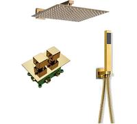 DRFGNF Juego de Ducha con Mezclador termostático de Lluvia Dorada, Juego de Grifo de Ducha de baño montado en la Pared con Cabezal de Ducha Cuadrado, Ducha de Mano, 8 Pulgadas, Cabezales de Ducha