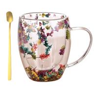 Dried Flower Insulated Glass Coffee Mug,350ml Double Wall Clear Tea Cup,Creative Heat Resistant Non-Slip Cups with Ergonomic Handle for Tea,Family Use,Friends Gift,Home or Office (Rose)