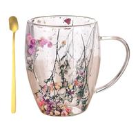 Dried Flower Insulated Glass Coffee Mug,350ml Double Wall Clear Tea Cup,Creative Heat Resistant Non-Slip Cups with Ergonomic Handle for Tea,Family Use,Friends Gift,Home or Office (Purple)