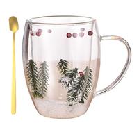 Dried Flower Insulated Glass Coffee Mug,350ml Double Wall Clear Tea Cup,Creative Heat Resistant Non-Slip Cups with Ergonomic Handle for Tea,Family Use,Friends Gift,Home or Office (Green)