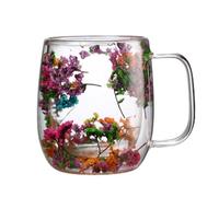 Dried Flowers Glass Tea Cup - Dried Flowers Double Wall Glass Coffee Mugs | Dry Flowers Cute Glass Tea Cups with Handles | Taza de café aislada | Copas de vidrio de doble pared de fusión floral para