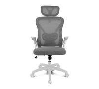 DRIFT GAMING - Silla Escritorio Ergonómica Oficina y Hogar de Malla tensada Transpirable, Reclinable 90-120°, Reposacabezas y Reposabrazos Abatibles, Soporta hasta 120 kg, Gris-Blanco