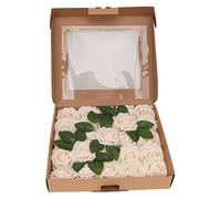 DriKou 25Pcs Artificial Flowers, Real Looking Rose 3in Diameter 7in Stem Soft Fake Roses for Party Wedding Decoration (Champagne)