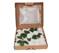 DriKou 25Pcs Artificial Flowers, Real Looking Rose 3in Diameter 7in Stem Soft Fake Roses for Party Wedding Decoration (White)