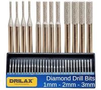 Drilax Brocas de diamante para piedra, juego de 30 piezas (1 mm, 2 mm, 3 mm) para vidrio, piedras preciosas y joyas, vástago de 1/8 pulgadas compatible con herramientas rotativas Dremel, suministros
