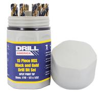 Drill America 15 Piece Heavy Dutyy High Speed Steel Drill Bit Set with Black and Gold Finish in Round Case (1/16" - 1/2" x 32nds), KFD Series