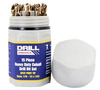 Drill America Juego de 15 brocas de cobalto con acabado dorado en caja redonda (1/16 pulgadas - 1/2 pulgada x 32 nds), serie DWDCO