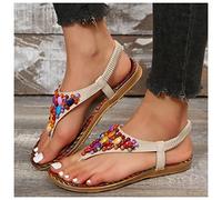 DRIMEE Sandalias Mujer Comodas Cuentas Shoes Fiesta Sandalias Mujer Verano Sandalias Planas Bohemia Sandalias Playa Zapatos Sandalias de Punta Abierta Casual Sandalias,Blanco,US7/EU38