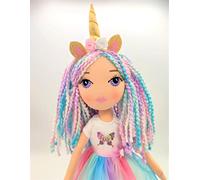 DRIMYDOLLS Muñeca Unicornio Iris. Regalo Muñeca de Comunión, Muñeca de Trapo Hecha a Mano. Muñecas para Niñas, con su Vestido y Pelo Fantasía Arcoiris, Única, Montessori, Sostenible 43cm