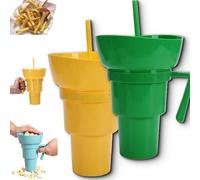 Drink Cup with Snack Bowl, Cup Bowl Combo with Straw Leak Proof, Portable Mug Proof 2-in-1 Cups & Bowls Set with Straw, for Home, Cinema, Travel, Stadium (Yellow+Green)