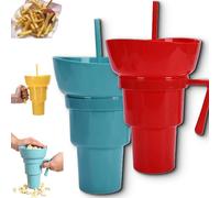 Drink Cup with Snack Bowl, Cup Bowl Combo with Straw Leak Proof, Portable Mug Proof 2-in-1 Cups & Bowls Set with Straw, for Home, Cinema, Travel, Stadium (Red+Blue)