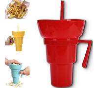 Drink Cup with Snack Bowl, Cup Bowl Combo with Straw Leak Proof, Portable Mug Proof 2-in-1 Cups & Bowls Set with Straw, for Home, Cinema, Travel, Stadium (Red)